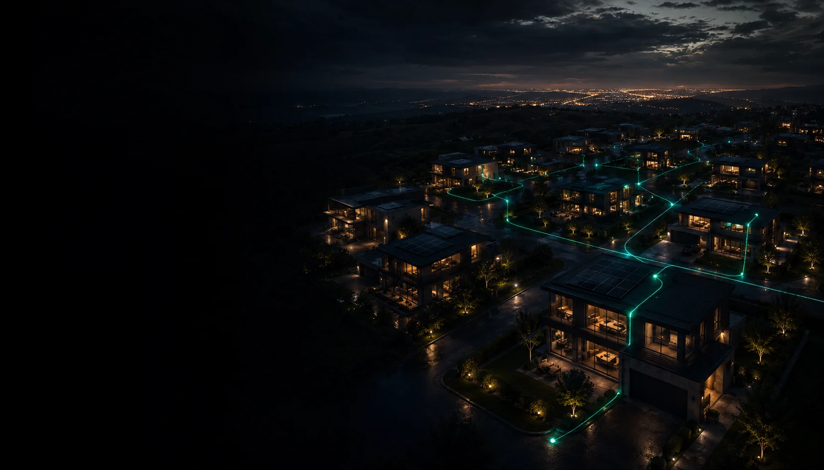 Connected neighbourhood of Aveum homes at night
