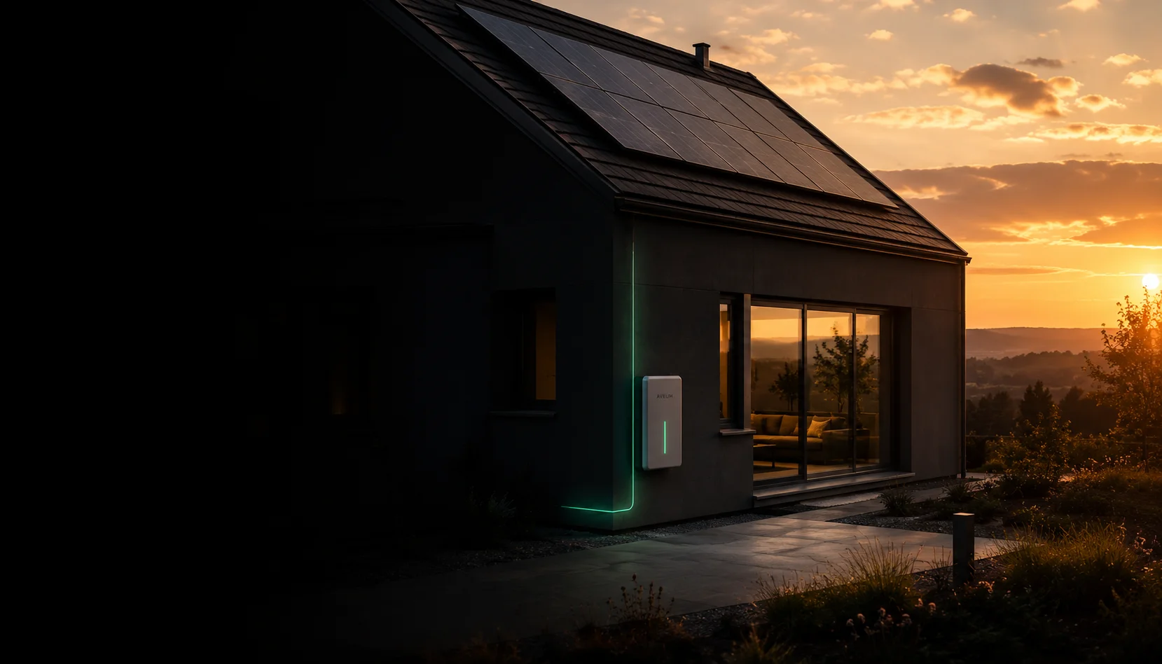 Solar panels and battery storage at sunset
